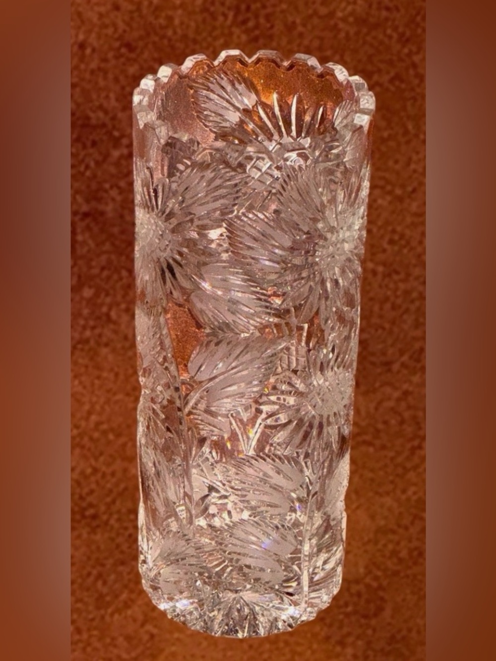 Vintage Sunflower Bohemian Cut Crystal Cylinder Vase Heavy Large 11.5” X 4.5”